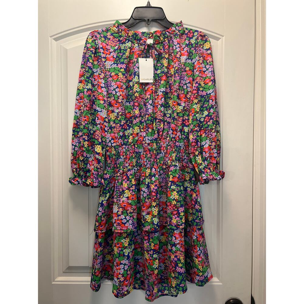 NWT Sugarlips Women’s Smocked Waist Tiered Curve Floral Dress Size S Multicolor